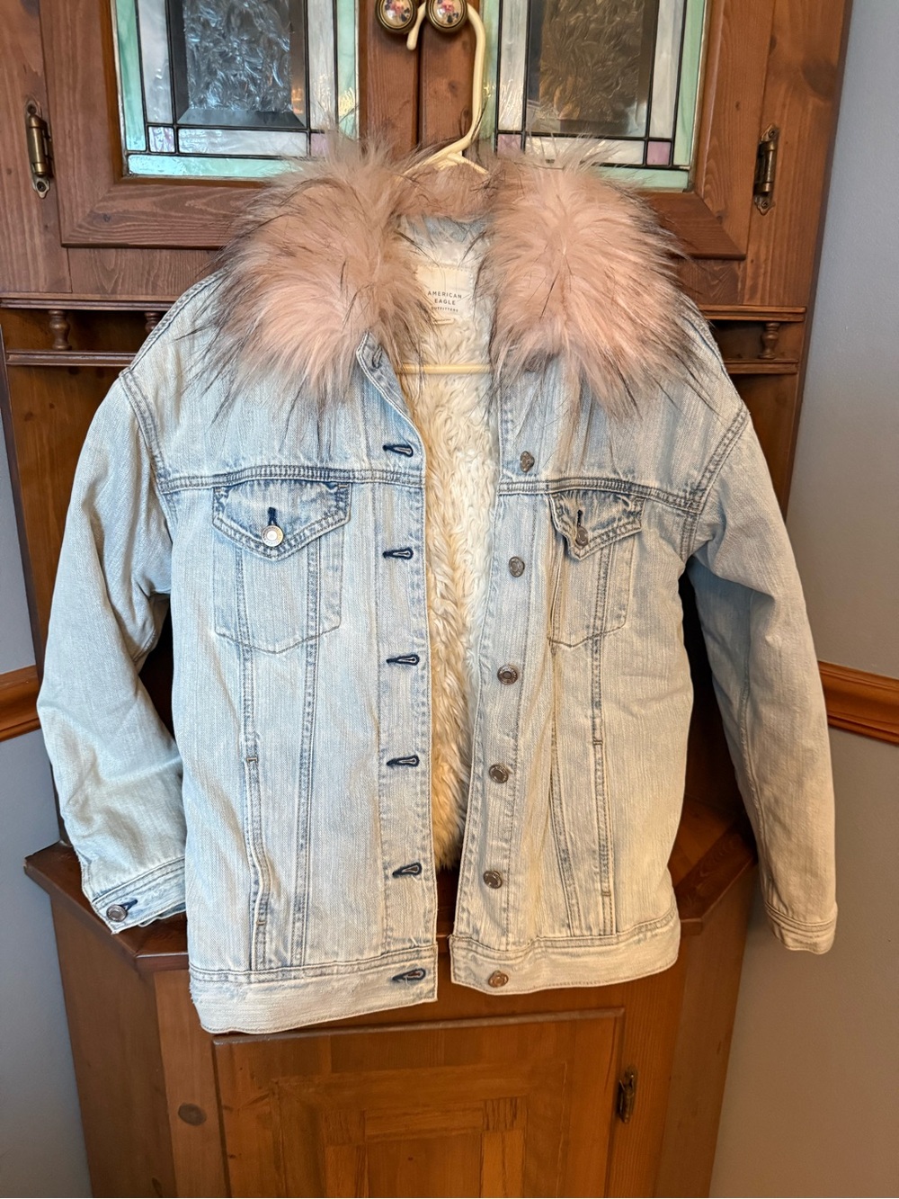 American Eagle Sherpa Denim Jacket Pink Faux Fur XS